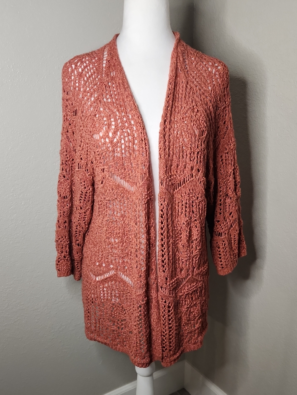 Coldwater Creek Open-Weave Long Cardigan in Rusty Terra Cotta